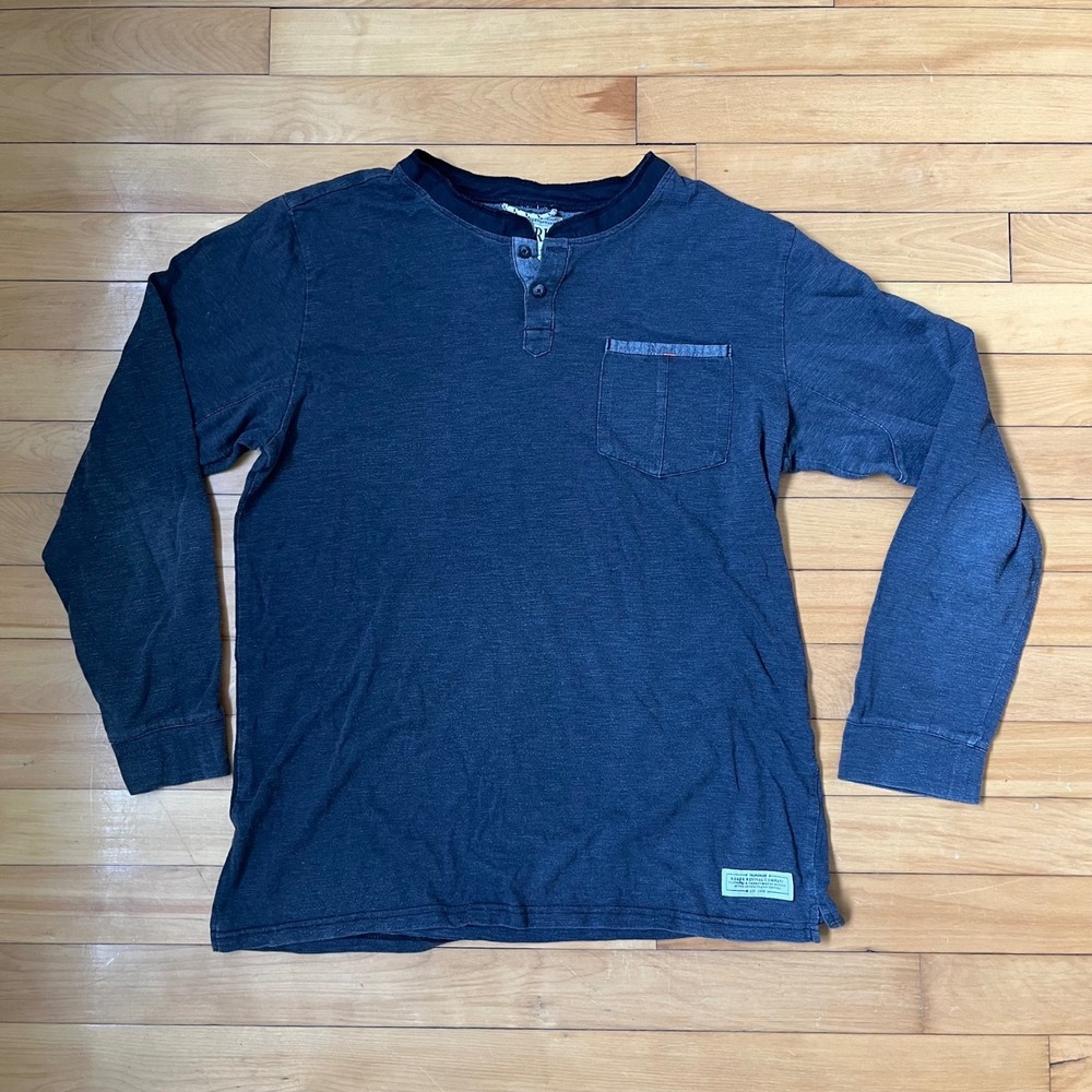 Roark Revival Mens Large Navy Blue Slub Knit Long Sleeve Henley Pocket Shirt